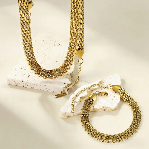 Gewebte Maschenkette Halskette Armband Edelstahl Gold Silberfarben Hip Hop Trendiger Schmuck