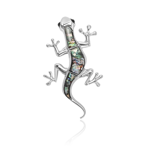 Spilla Geco Lucertola Da Donna Intarsio In Conchiglia Di Abalone Naturale Lega Argento Animale Accessorio Moda Gioielli