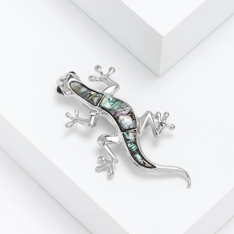 Spilla Geco Lucertola Da Donna Intarsio In Conchiglia Di Abalone Naturale Lega Argento Animale Accessorio Moda Gioielli