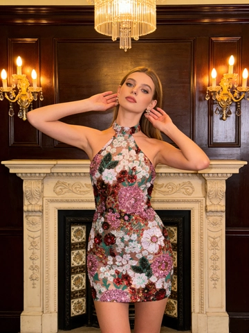 Robe Courte Dos Nu À Broderie Paillettes Sans Manches Floral Mesh Soirée Cocktail Fête Pour Femmes