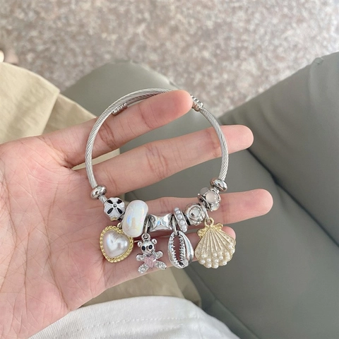 Charm Bangle Bracelet Stainless Steel Wire With Alloy Pendants And Beads For Women Versatile Fashion Jewelry Gift