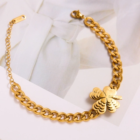 Retro Gold Plated Stainless Steel Layered Clover Heart Bracelet For Women Fashion Thick Chain Lucky Jewelry Adjustable