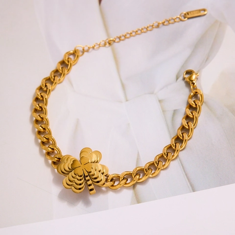 Retro Gold Plated Stainless Steel Layered Clover Heart Bracelet For Women Fashion Thick Chain Lucky Jewelry Adjustable