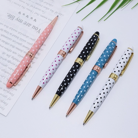 Stylo à Bille en Métal à Pois Mécanisme à Rotation Fournitures Scolaires Bureau Écriture Douce Encre Noire Pointe Balle