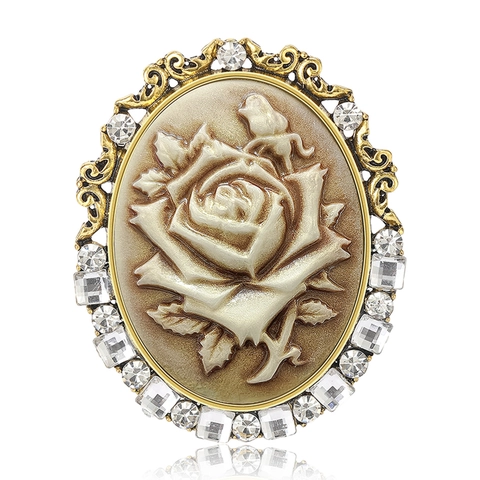 Vintage Palace Oval Rose Cameo Brooch For Women Alloy Resin Rhinestone Inlaid Floral Badge Pin Accessory Jewelry Gift
