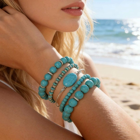 Braccialetti Di Perline In Lega Di Turchese In Stile Etnico Retrò Boho E Bracciale Rigido In Metallo Per Donna