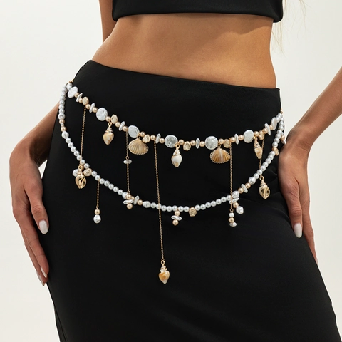 Cadena de Cintura Bohemia para Mujer Tema Oceánico Estrella de Mar Concha Oro Capas Perla Artificial Imitación para Playa
