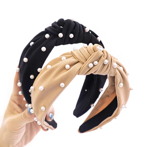 Fashion Knotted Headband With Artificial Pearls Solid Color Textured Fabric Sweet Hair Accessory For Women Hair Hoop
