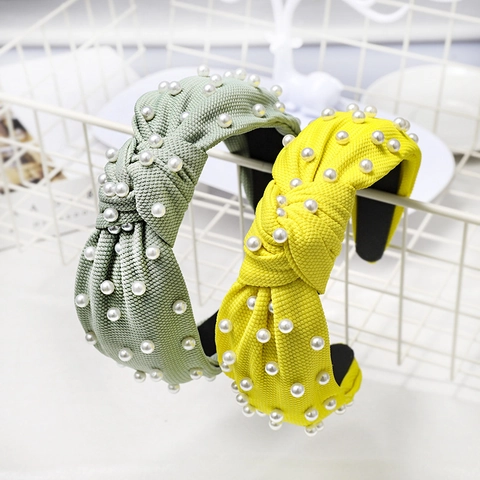 Fashion Knotted Headband With Artificial Pearls Solid Color Textured Fabric Sweet Hair Accessory For Women Hair Hoop