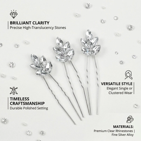 Elegant Rhinestone Leaf Hair Stick For Bridal Wedding Updo Silver Color Minimalist For Women