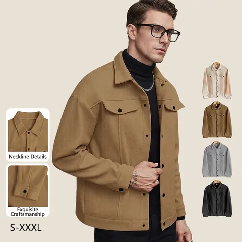 Men Casual Woolen Look Jacket Lapel Single Breasted Loose Shacket Outerwear With Pockets Solid Color Urban Fashion
