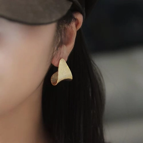 Triangle Stud Earrings Gold Plated Copper Textured Grainy Geometric French Retro Style Jewelry For Women