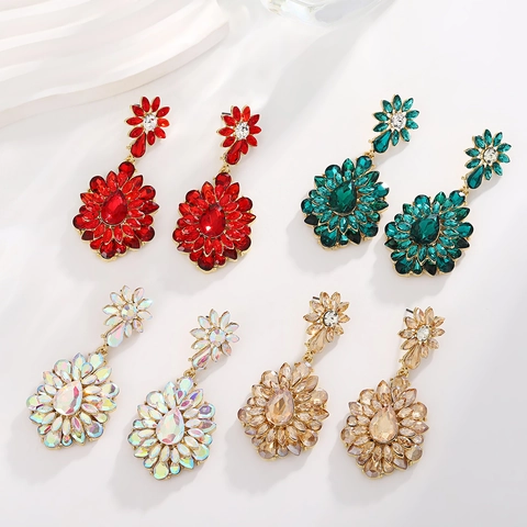 Exaggerated Flower Drop Earrings For Women Alloy Rhinestone Crystal Bridal Wedding Party Jewelry With 925 Silver Needle
