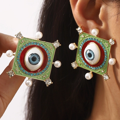 Vintage Französischer Stil Böser Blick Ohrstecker Für Damen Legierung Emaille Strass Künstliche Perle Geometrischer Schmuck
