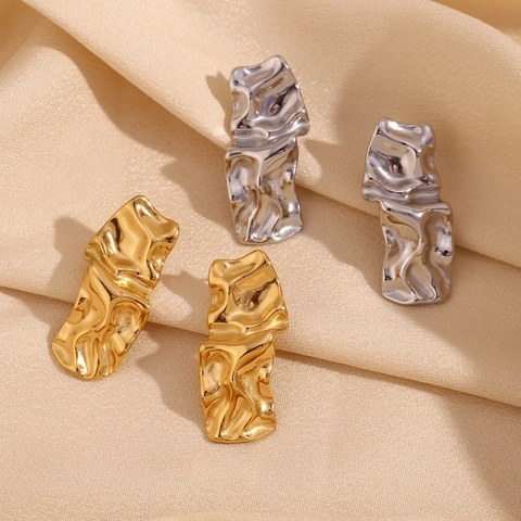 Minimalist 316L Stainless Steel Irregular Wrinkled Rectangular Stud Earrings Gold Silver Plated For Women Fashion Jewelry