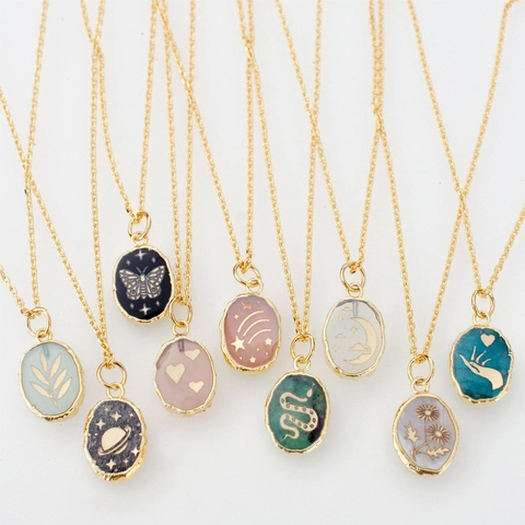Anhänger Halskette Kupfer Naturstein 14K Vergoldet Schmetterling Stern Mond Herz Blume Vintage Zierlicher Schmuck Für Damen