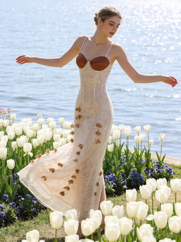 Robe De Soirée Élégante À Paillettes Et Dentelle Appliques Florales Bretelles Spaghetti Coupe Ajustée Fête Formelle Femmes