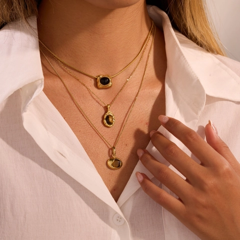 Vintage Edelstahl Geometrische Naturstein Anhänger Halskette Gold Silber Galvanisiert Tigerauge Achat Kette Damen