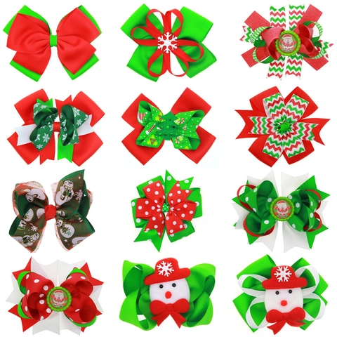 Kids Christmas Bow Hair Clips Girls Large Handmade Grosgrain Ribbon Snowman Santa Claus Snowflake Holiday Party Hair Accessories