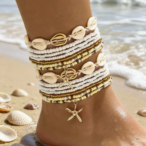 Bohemian Multi-layer Glass Seed Beads Anklets With Natural Shell And Alloy Starfish Charms Summer Beach Vacation Jewelry