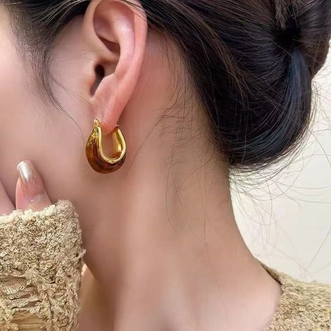 Orecchini A Cerchio Vintage A Forma Di U In Rame Placcato Oro Geometrici Marrone Stile Ambra Per Donne Con Perno In Rame