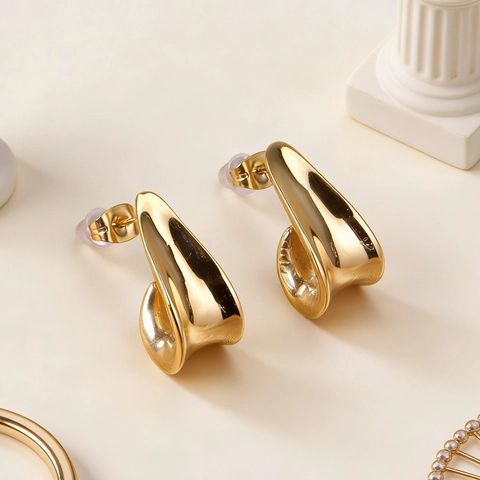 Irregular J Shape Stainless Steel Stud Earrings Fluid Curve Mirror Polished Minimalist Jewelry For Women