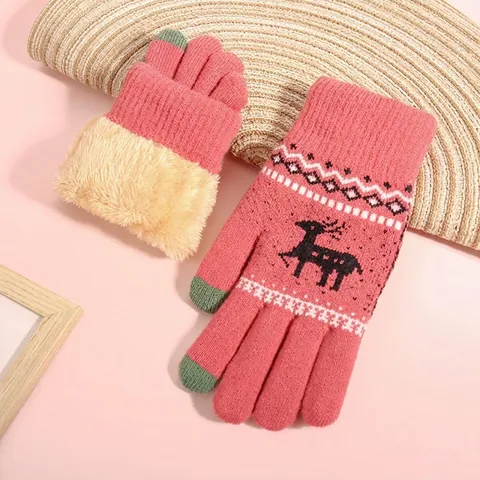 Women's Winter Knit Touchscreen Gloves Acrylic Fleece Lined Warm Reindeer Snowflake Jacquard Christmas Thick Thermal Mitten