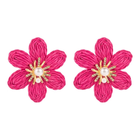 Boheemse Raffia Gevlochten Bloem Oorknopjes Met Imitatieparel Strass Zoete Florale Oorbellen Voor Vrouwen Vakantie Sieraden