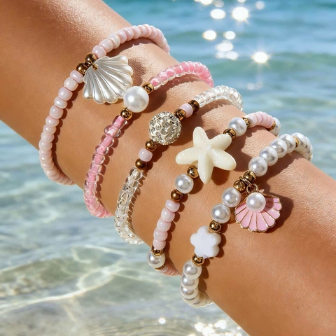 Beaded Bracelets With Shell Starfish Charms Imitation Artificial Pearl Glass Beads Stretch Jewelry For Beach Vacation Sweet Style