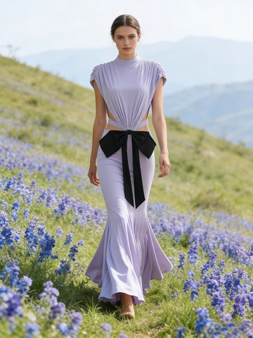 Robe Maxi Sirène Lavande Polyester Élasthanne Sans Manches Dos Nu Découpe Taille Grand Nœud Fête Formelle Femmes