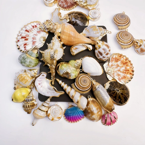 Natural Sea Shell Conch Pendant With Gold Electroplated Edge For DIY Jewelry Making Necklace Bracelet Accessory 20-70mm