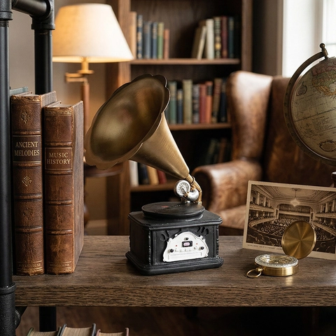 Vintage Phonograph Ornament Retro Gramophone Resin Model Distressed Craft Desktop Decoration Home Office Table Gift