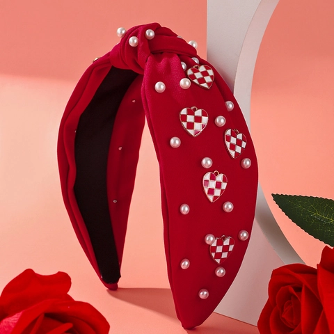 Damen Geknotetes Breites Stirnband Mit Künstliche Perlen Und Karo Herzanhänger Süß Valentinstag Mode Haarschmuck Schmuck