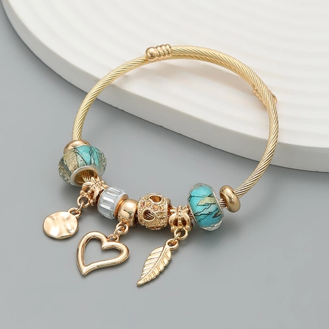 Bohemian Alloy Charm Bracelet With Heart Leaf Pendant Floral Beads Gold Twisted Coil Open Bangle For Women Fashion Jewelry