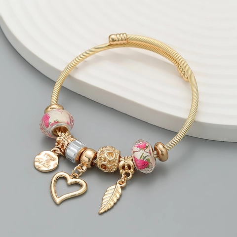 Bohemian Alloy Charm Bracelet With Heart Leaf Pendant Floral Beads Gold Twisted Coil Open Bangle For Women Fashion Jewelry
