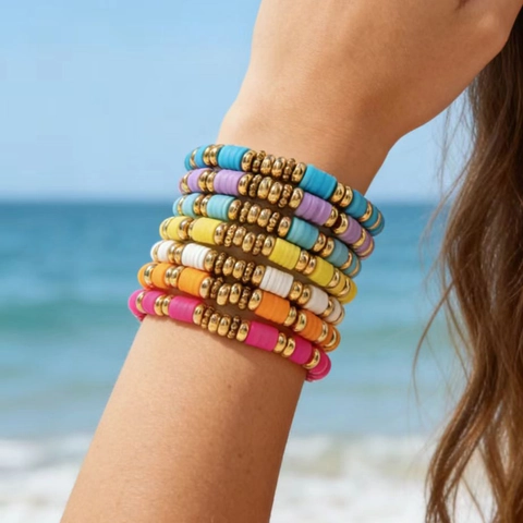 Bohemian Bunte Polymer Clay Heishi Perlen Armband Elastisch Sommer Strand Handgefertigter Schmuck Für Damen