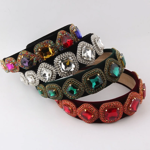 Baroque Velvet Rhinestone Headband Gemstone Inlaid Hair Hoop Party Runway Fashion Accessory For Women