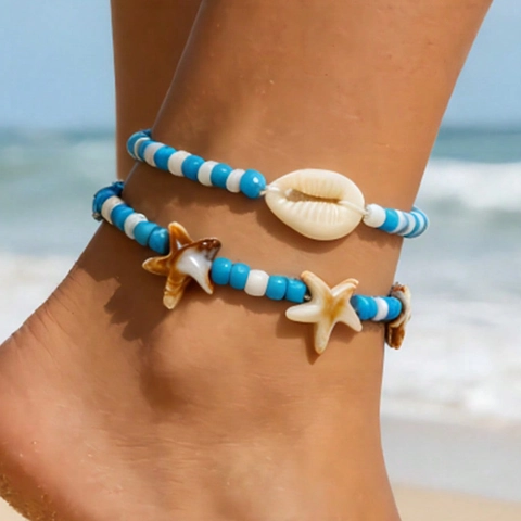 Cavigliera Bohémien Spiaggia Oceano Conchiglia Stella Marina Perline Di Vetro Blu Bianco Gioielli Estivi