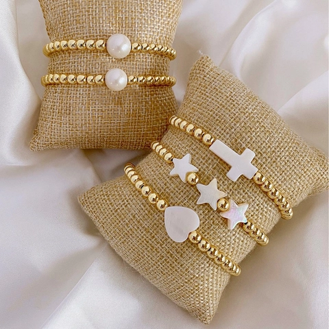 Bracelet en Perles de Cuivre Fait Main Avec Perle d'Eau Douce Naturelle et Pendentif Coquillage Cœur Étoile Croix Bijoux pour Femmes