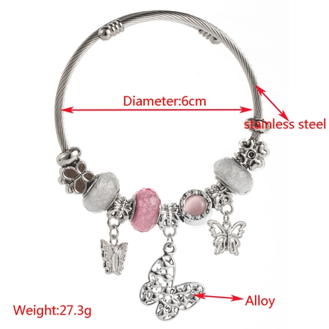 Adjustable Bangle Bracelet Stainless Steel Beaded Rhinestone Heart Pendant Bear Butterfly Charm Fashion Jewelry For Women