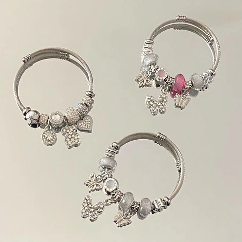 Adjustable Bangle Bracelet Stainless Steel Beaded Rhinestone Heart Pendant Bear Butterfly Charm Fashion Jewelry For Women