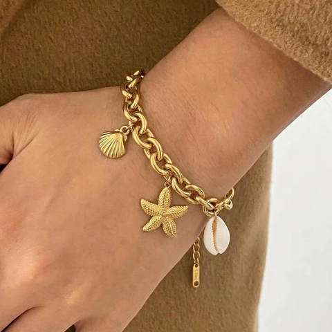Zeester Schelp Conch Bedelarmband Roestvrij Staal 18K Verguld Dikke Ketting Waterdicht Hypoallergeen Strand Sieraden