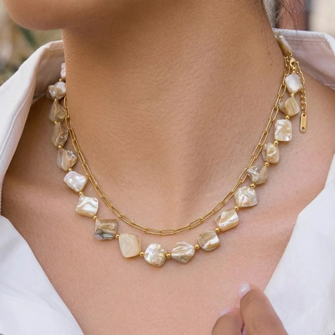 Stainless Steel Necklace And Bracelet Natural Shell Beads Double Layer Gold Plated Waterproof Fashion Jewelry For Women