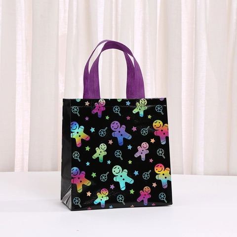 Holographic Christmas Non-Woven Gift Bags Santa Claus Gingerbread Man Pattern Printed Festive Party Shopping Tote Bag