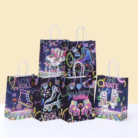 Retro Neon Roller Skates Kraft Paper Gift Bag With Handle Vintage Disco Birthday Party Favors Wrapping Shopping Bag