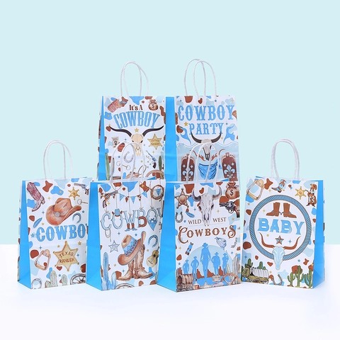 Sacchetti Regalo in Carta Kraft a Tema Cowboy Con Manici Western Wild West Bomboniere Borse Tote Per Compleanno Bambini Festa Baby Shower