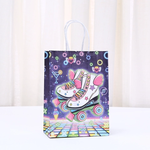 Retro Neon Roller Skates Kraft Paper Gift Bag With Handle Vintage Disco Birthday Party Favors Wrapping Shopping Bag