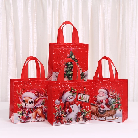 Borsa in Tessuto Non Tessuto Natalizia Babbo Natale Pupazzo di Neve Renna Modello Rosso Festivo Sacchetto Regalo Shopping Bag