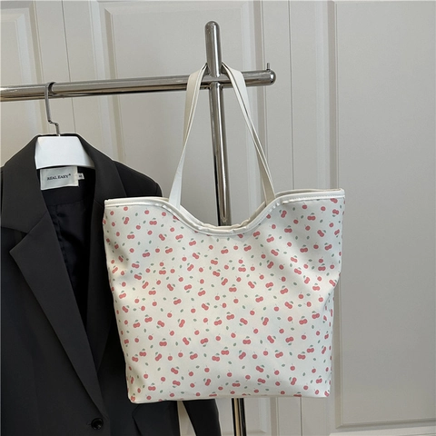 Women Sweet Floral Canvas Tote Bag Strawberry Cherry Butterfly Pattern Large Capacity Shoulder Bag Casual Underarm Shopping Bag