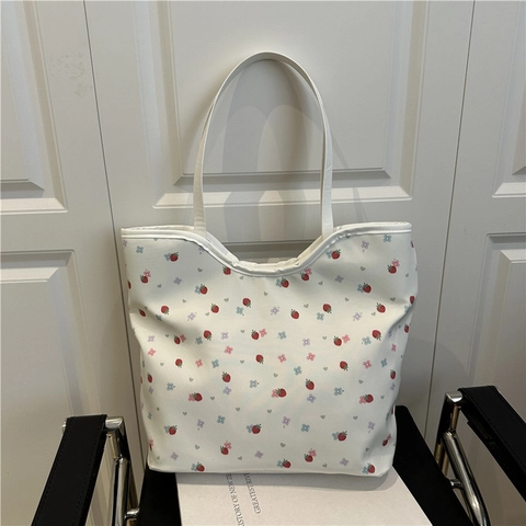 Borsa Tote in Tela Stampata alla Moda da Donna Fresca Fragola Ciliegia Floreale Borsa a Tracolla Grande Capacità per Scuola